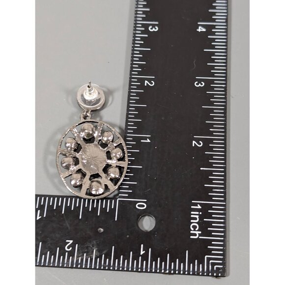 Two Tone Rhinestone Oval Dangle Earrings Modernist Industrial Statement Bold - Picture 6 of 6